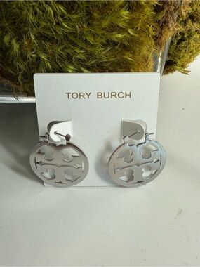 Tory Burch Miller Polished Silver Logo Disc Hoop Earrings